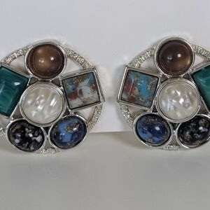 Vintage Sarah Coventry Signed Faux Lapis Opal Jade Earrings Clip On